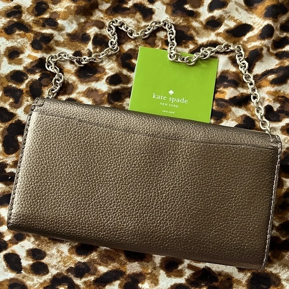 Brand New KATE SPADE Leather Eva Wallet Clutch Chain Shoulder Bag Ash Metallic